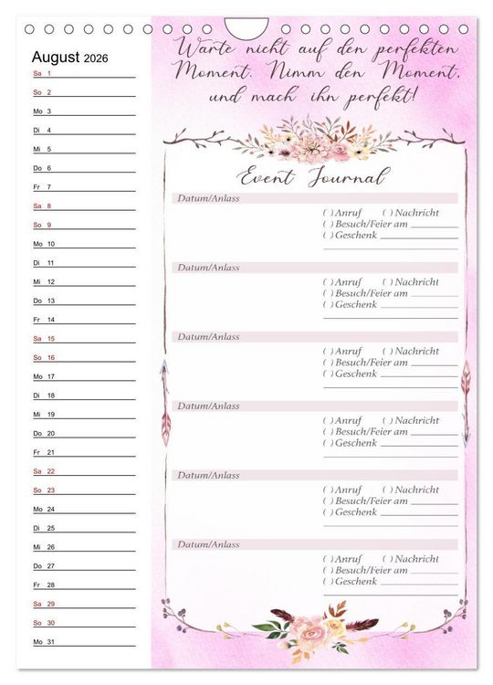 Produktbild: Geburtstagsplaner Boho Rosa - F&uuml;r Termine, Geschenke, Eventdetails & mehr (Wandkalender 2026 DIN A4 hoch), CALVENDO Monatskalender