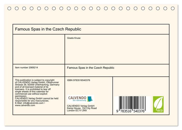 Produktbild: Famous Spas in the Czech Republic (Desk Calendar 2026 DIN A5 landscape), CALVENDO 12 Month DeskCalendar