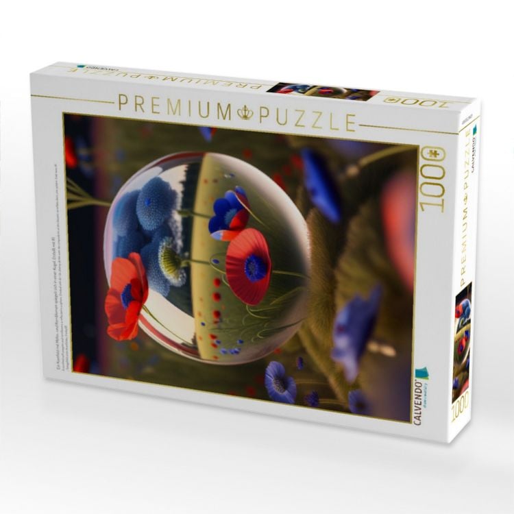 Produktbild: CALVENDO Puzzle Ein Kornfeld mit Mohn- und Kornblumen spiegelt sich in einer Kugel. Erstellt mit KI | 1000 Teile Lege-Gr&ouml;&szlig;e 64x48cm Foto-Puzzle f&uuml;r gl&uuml;ckliche Stunden