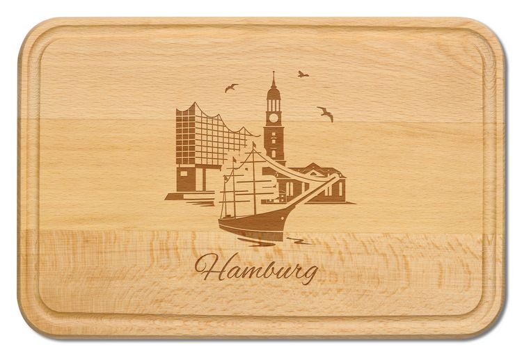 Produktbild: Buchenholz Schneidebrett 30x20cm, Motiv Hamburg