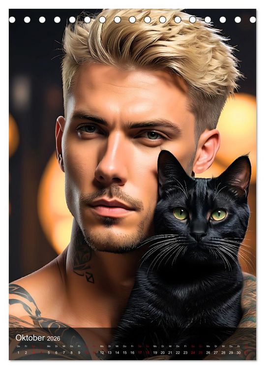 Produktbild: Verschmuste Kerle - Muskeln, Tattoos und Miezekatzen (Tischkalender 2026 DIN A5 hoch), CALVENDO Monatskalender