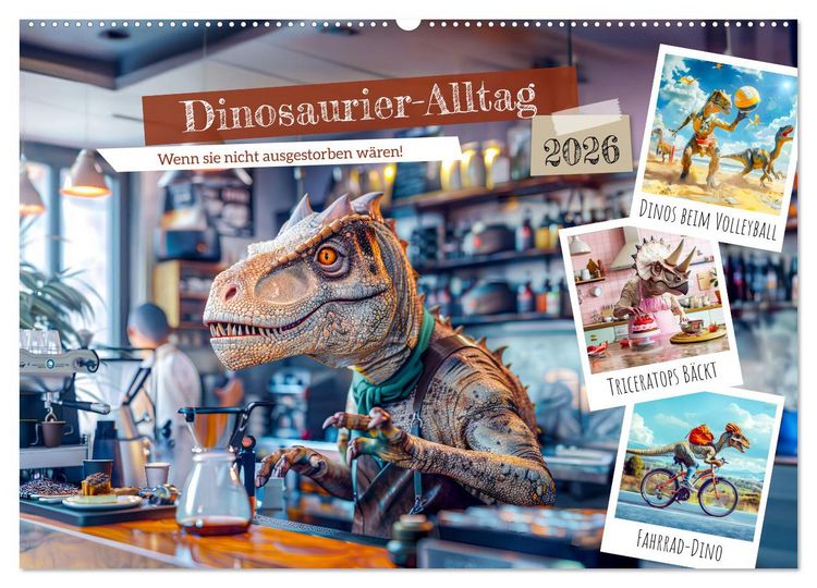 Produktbild: Dinosaurier-Alltag - Wenn sie nicht ausgestorben w&auml;ren! (Wandkalender 2026 DIN A2 quer), CALVENDO Monatskalender
