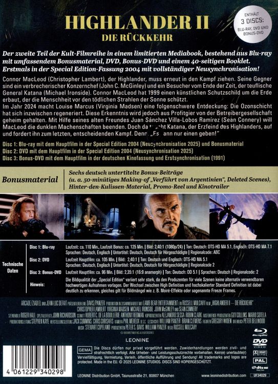 Produktbild: Highlander 2 - Die R&uuml;ckkehr - Mediabook - Limited Edition (Blu-ray+DVD)