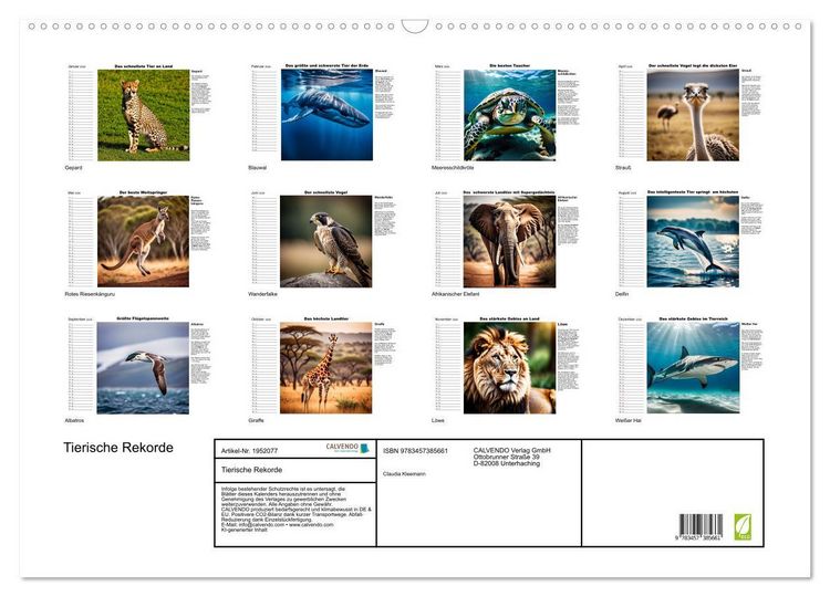 Produktbild: Tierische Rekorde (Wandkalender 2026 DIN A2 quer), CALVENDO Monatskalender