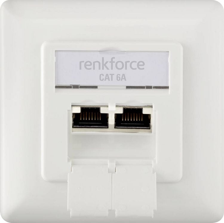 Produktbild: Renkforce Netzwerkdose Unterputz Einsatz mit Zentralplatte und Rahmen CAT 6a 2 Port Wei&szlig;