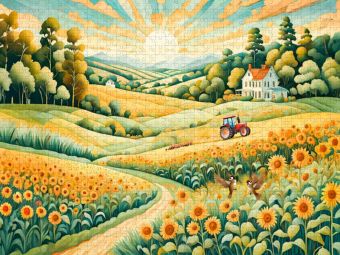 Produktbild: CALVENDO Puzzle Landschaft mit Sonnenblumenfeld im Morgenlicht | 1000 Teile Lege-Gr&ouml;&szlig;e 64x48cm Foto-Puzzle f&uuml;r gl&uuml;ckliche Stunden