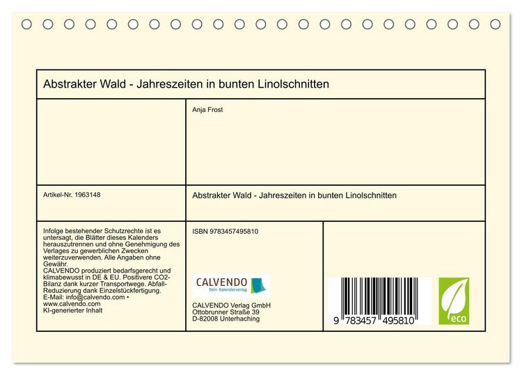 Produktbild: Abstrakter Wald - Jahreszeiten in bunten Linolschnitten (Tischkalender 2026 DIN A5 quer), CALVENDO Monatskalender