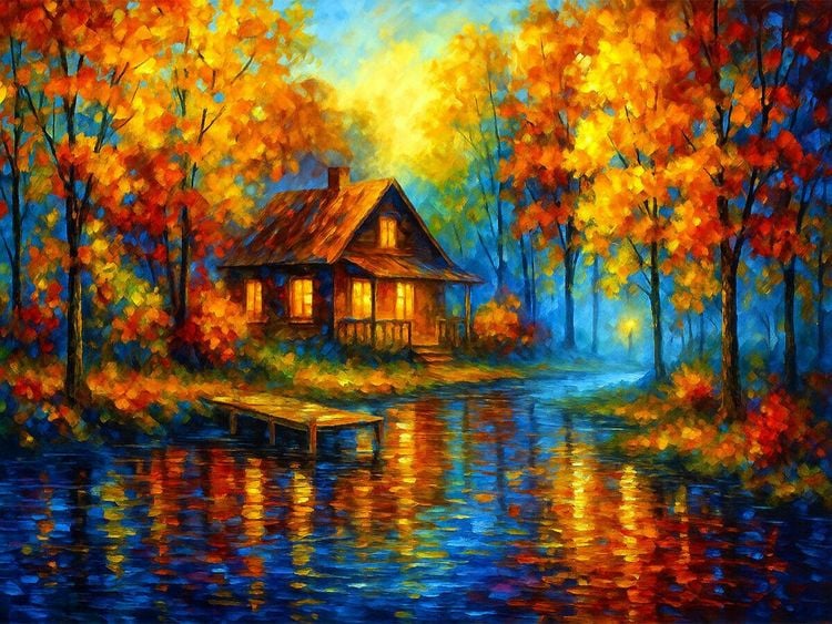 Produktbild: CALVENDO Puzzle Haus am Fluss im Herbst | 1000 Teile Lege-Gr&ouml;&szlig;e 64x48cm Foto-Puzzle f&uuml;r gl&uuml;ckliche Stunden