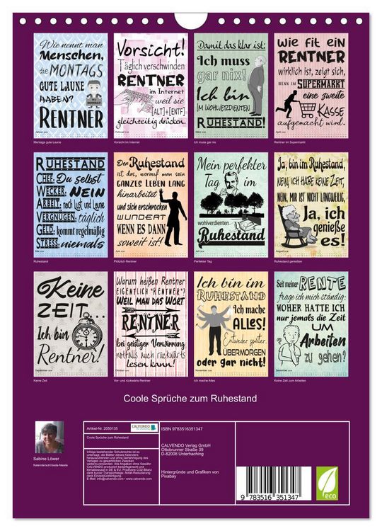 Produktbild: Coole Spr&uuml;che zum Ruhestand (Wandkalender 2026 DIN A4 hoch), CALVENDO Monatskalender