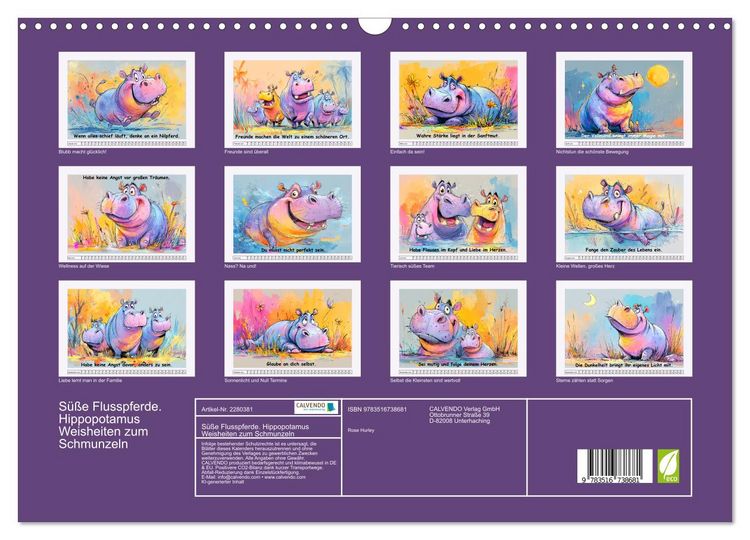 Produktbild: S&uuml;&szlig;e Flusspferde. Hippopotamus Weisheiten zum Schmunzeln (Wandkalender 2026 DIN A3 quer), CALVENDO Monatskalender