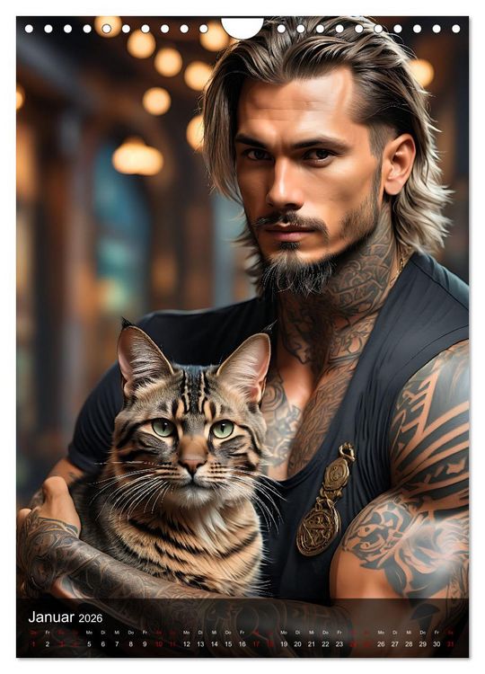 Produktbild: Verschmuste Kerle - Muskeln, Tattoos und Miezekatzen (Wandkalender 2026 DIN A4 hoch), CALVENDO Monatskalender