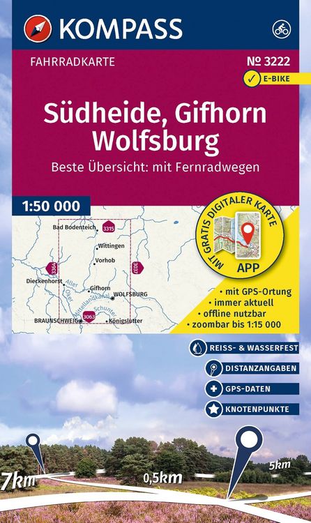 Produktbild: KOMPASS Fahrradkarte 3222 S&uuml;dheide, Gifhorn, Wolfsburg mit Knotenpunkten 1:50.000