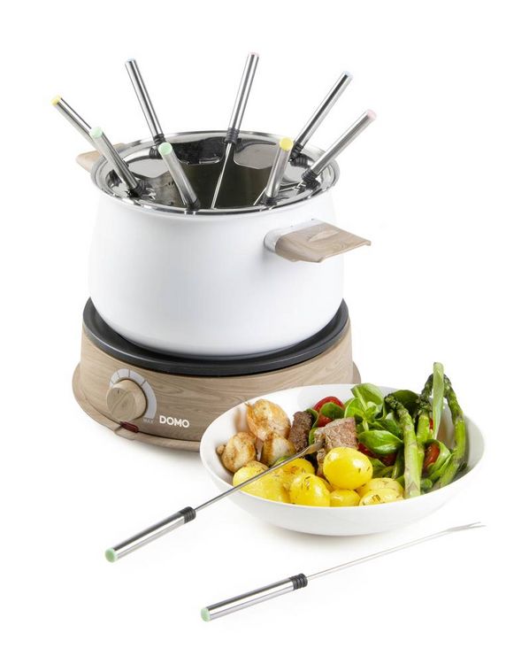Produktbild: DOMO DO736F Fondue 1500W Kontrollleuchte, 8 Fonduegabeln Holz, Wei&szlig;