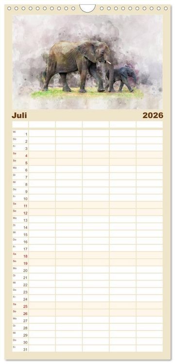 Produktbild: Familienplaner 2026 - Elefanten - k&uuml;nstlerische Impressionen der gr&ouml;&szlig;ten noch lebenden Landtiere mit 5 Spalten (Wandkalender, 21 x 45 cm) CALVENDO
