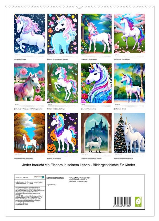 Produktbild: Jeder braucht ein Einhorn in seinem Leben - Bildergeschichte f&uuml;r Kinder (hochwertiger Premium Wandkalender 2026 DIN A2 hoch), Kunstdruck in Hochglanz