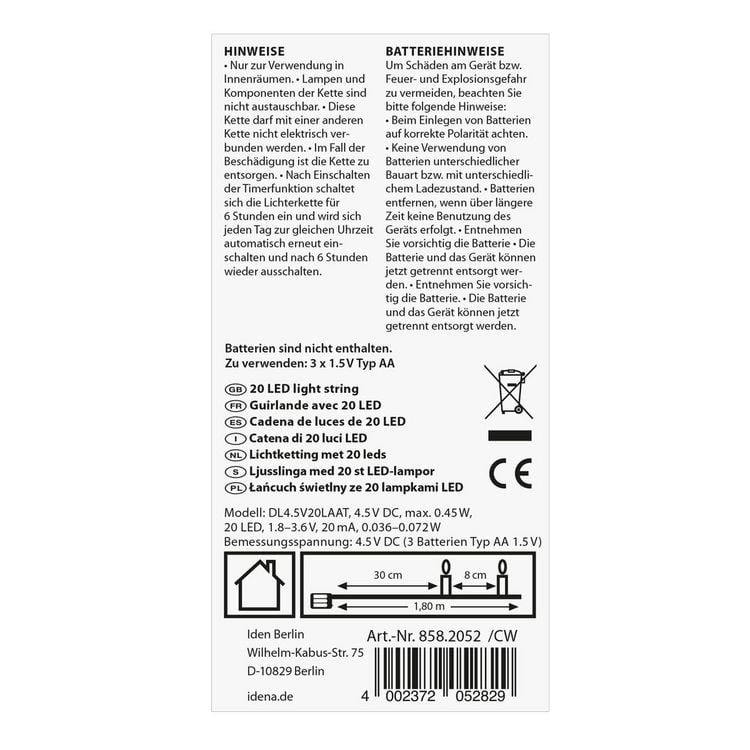Produktbild: Idena Lichterkette 20 LED warmwei&szlig; 6h Timer 1,8m