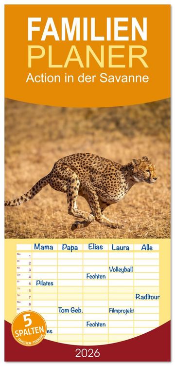 Produktbild: Familienplaner 2026 - Action in der Savanne mit 5 Spalten (Wandkalender, 21 x 45 cm) CALVENDO
