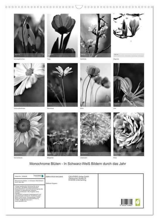 Produktbild: Monochrome Bl&uuml;ten - In Schwarz-Wei&szlig; Bildern durch das Jahr (Wandkalender 2026 DIN A2 hoch), CALVENDO Monatskalender