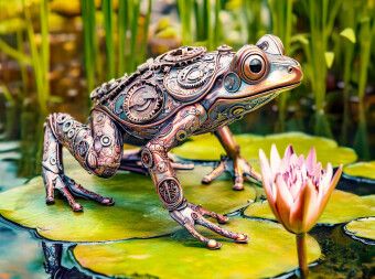 Produktbild: CALVENDO Puzzle Metall-Frosch auf Seerose: Kreative Gartendeko mit Upcycling-Charme | 2000 Teile Lege-Gr&ouml;&szlig;e 90x67cm Foto-Puzzle f&uuml;r gl&uuml;ckliche Stunden
