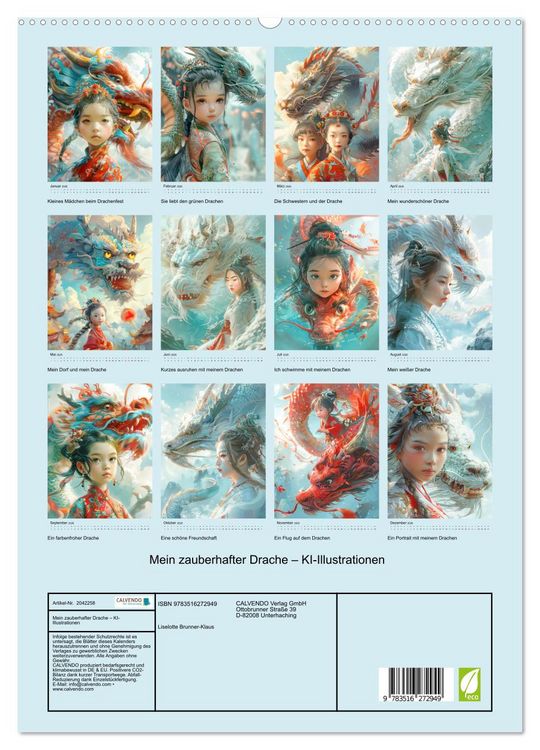 Produktbild: Mein zauberhafter Drache &ndash; KI-Illustrationen (hochwertiger Premium Wandkalender 2026 DIN A2 hoch), Kunstdruck in Hochglanz