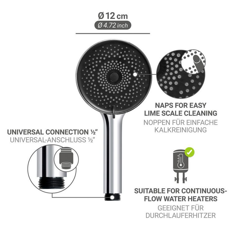 Produktbild: Duschkopf Mod. Softwater &Oslash;12 cm, chrom/schwarz, Kunststoff, mit 3 Strahlarten