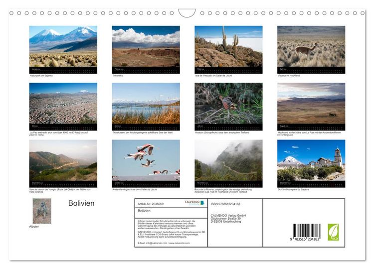 Produktbild: Bolivien (Wandkalender 2026 DIN A3 quer), CALVENDO Monatskalender