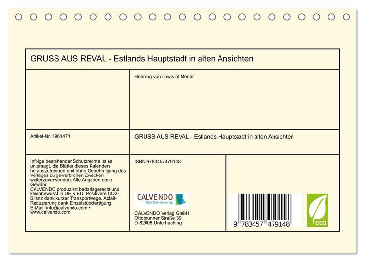 Produktbild: GRUSS AUS REVAL - Estlands Hauptstadt in alten Ansichten (Tischkalender 2026 DIN A5 quer), CALVENDO Monatskalender