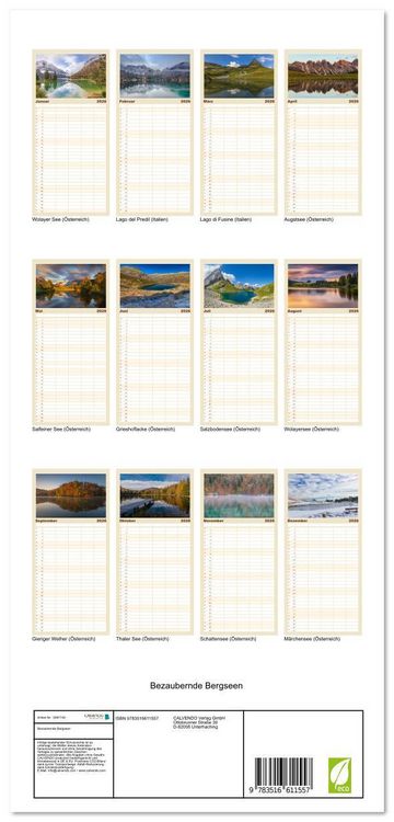 Produktbild: Familienplaner 2026 - Bezaubernde Bergseen mit 5 Spalten (Wandkalender, 21 x 45 cm) CALVENDO