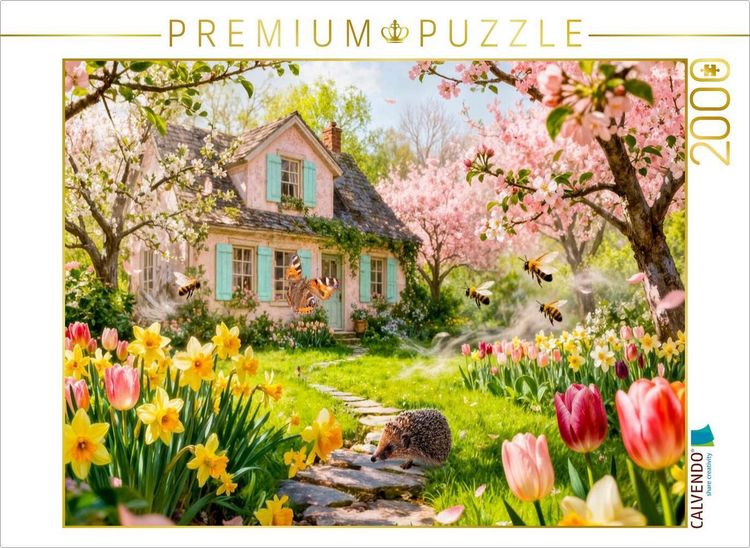 Produktbild: CALVENDO Puzzle Fr&uuml;hlings Cottage im Garten mit Igel und Bl&uuml;tenzauber | 2000 Teile Lege-Gr&ouml;&szlig;e 90x67cm Foto-Puzzle f&uuml;r gl&uuml;ckliche Stunden