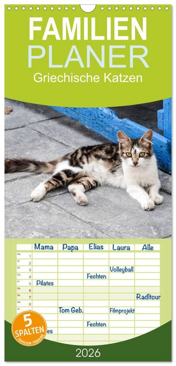 Produktbild: Familienplaner 2026 - Griechische Katzen mit 5 Spalten (Wandkalender, 21 x 45 cm) CALVENDO