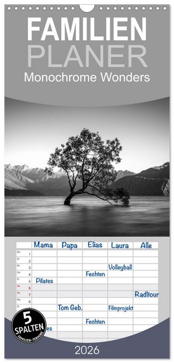 Produktbild: Familienplaner 2026 - Monochrome Wonders mit 5 Spalten (Wandkalender, 21 x 45 cm) CALVENDO