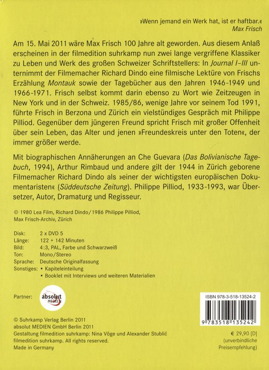 Produktbild: Max Frisch - Journal I-III/Gespräche im Alter [2 DVDs]
