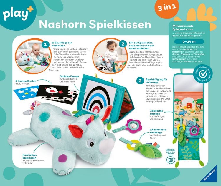 Produktbild: Ravensburger 4866 - play+ Nashorn Spielkissen (für die Bauchlage)