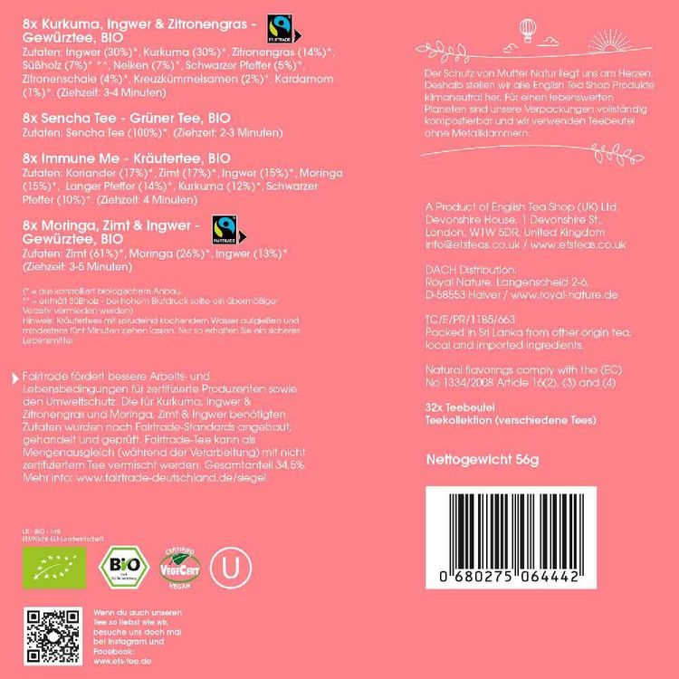 Produktbild: BIO Tee Kollektion "Feelgood Moments", Ayurveda Tee Probierbox & Geschenk zum Wohlf&uuml;hlen, 4 Sorten, 32 Teebeutel