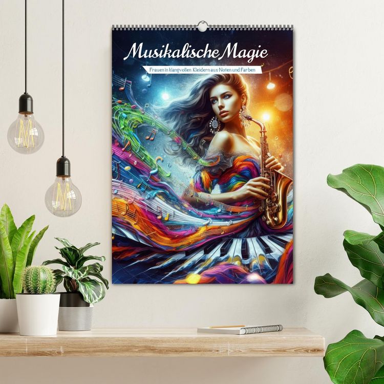 Produktbild: Musikalische Magie &ndash; Frauen in klangvollen Kleidern aus Noten und Farbe (Wandkalender 2026 DIN A2 hoch), CALVENDO Monatskalender