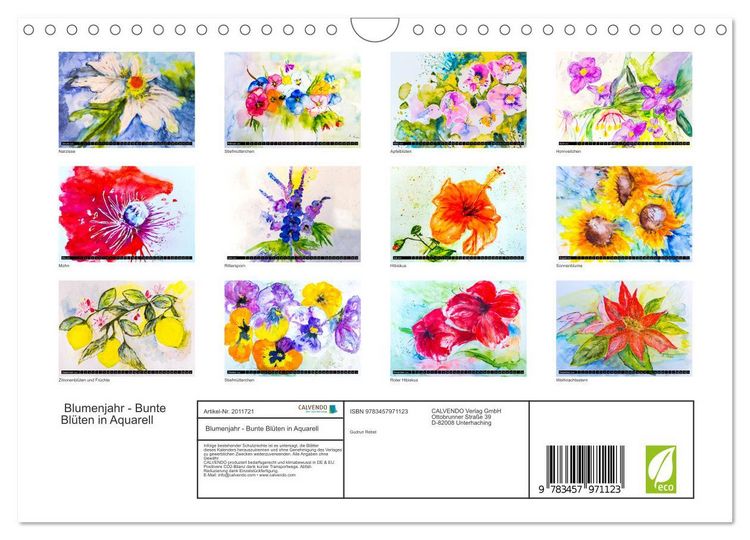 Produktbild: Blumenjahr - Bunte Bl&uuml;ten in Aquarell (Wandkalender 2026 DIN A4 quer), CALVENDO Monatskalender