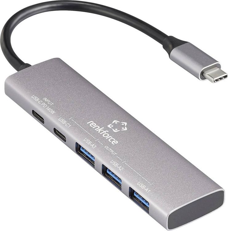 Produktbild: Renkforce RF-6676604 USB-Hub 3+1 Port USB-A, USB-C&reg; USB 3.2 Gen1 5 GBit/s mit Aluminiumgeh&auml;use, USB-C&reg; PD Ladeanschluss Grau RF-USBH-300