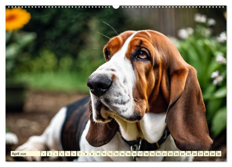 Produktbild: Basset Hound - unverkennbar (hochwertiger Premium Wandkalender 2026 DIN A2 quer), Kunstdruck in Hochglanz