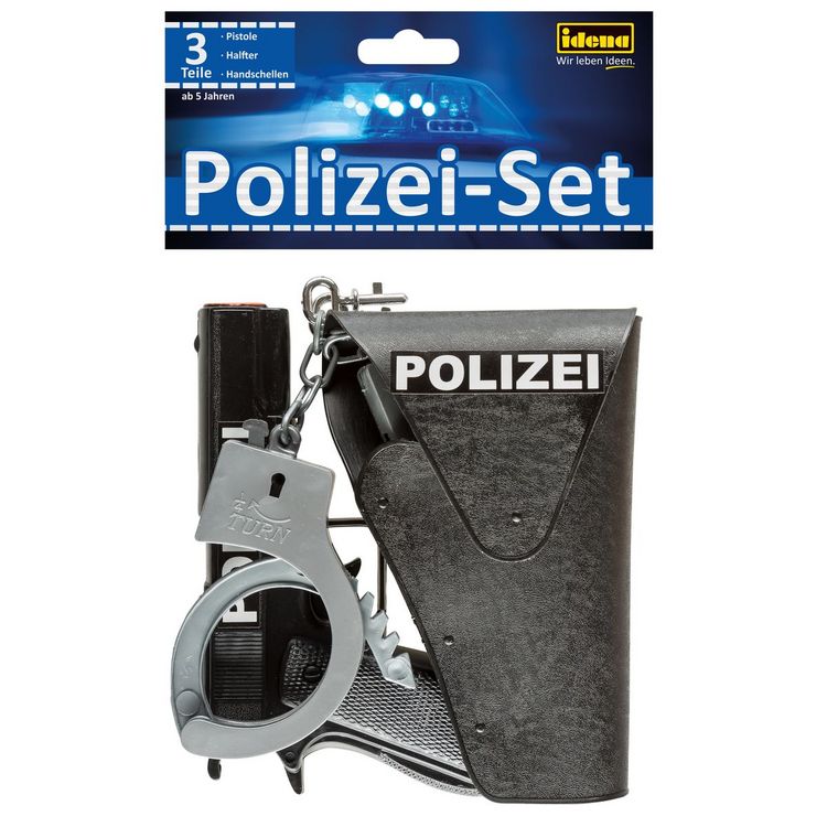 Produktbild: Idena Polizei Set Pistole Pistolenhalfter und Handschellen schwarz/grau 3 Teile