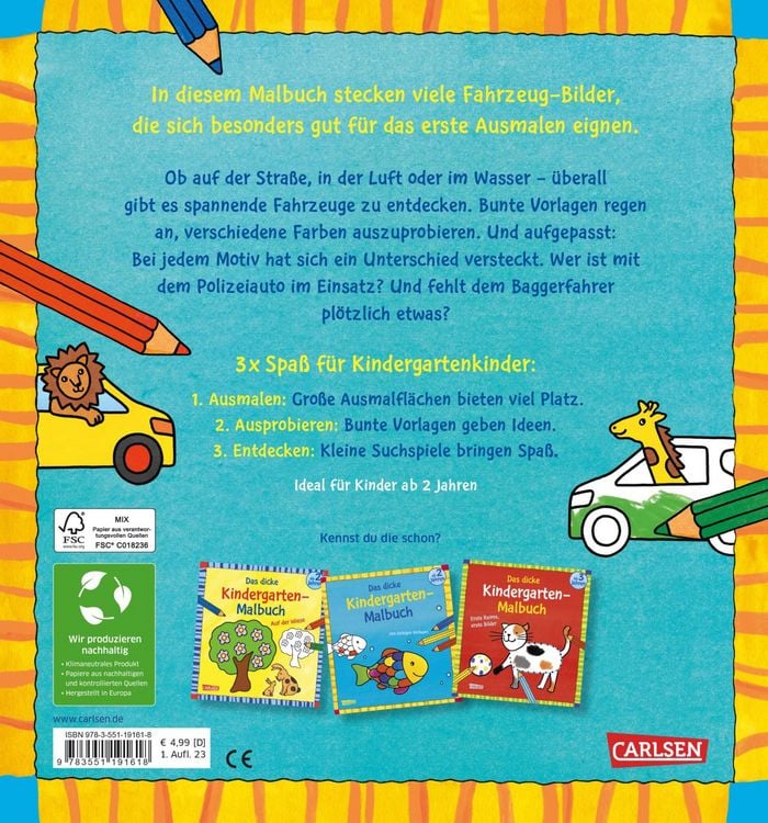 Produktbild: Ausmalbilder f&uuml;r Kita-Kinder: Das dicke Kindergarten-Malbuch: Fahrzeuge