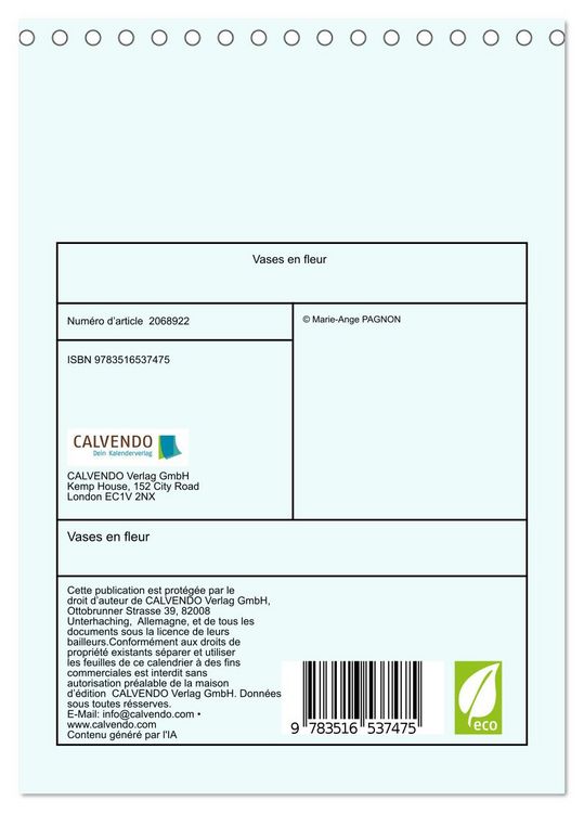 Produktbild: Vases en fleur (Calendrier de bureau 2026 DIN A5 horizontal), CALVENDO calendrier mensuel