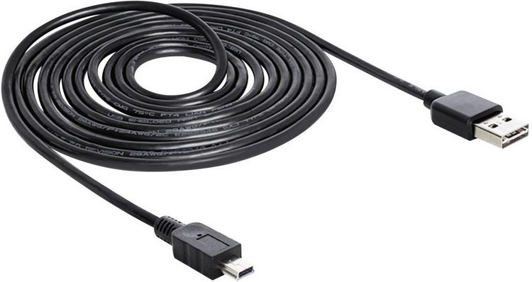 Produktbild: Delock USB-Kabel USB 2.0 USB-A Stecker, USB-Mini-B Stecker 5.00 m Schwarz beidseitig verwendbarer Stecker, vergoldete Steckkontakte, UL-zertifiziert