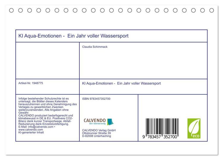Produktbild: KI Aqua-Emotionen - Ein Jahr voller Wassersport (Tischkalender 2026 DIN A5 quer), CALVENDO Monatskalender
