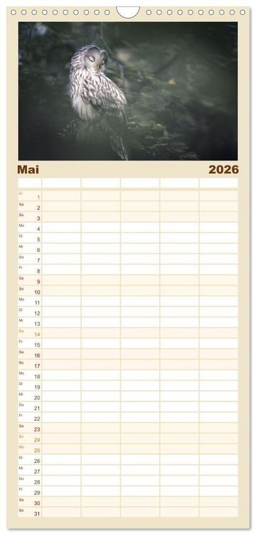 Produktbild: Familienplaner 2026 - Eulen - sch&ouml;n und geheimnisvoll mit 5 Spalten (Wandkalender, 21 x 45 cm) CALVENDO