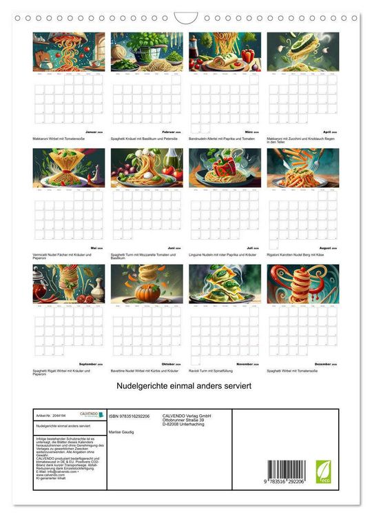 Produktbild: Nudelgerichte einmal anders serviert (Wandkalender 2026 DIN A3 hoch), CALVENDO Monatskalender