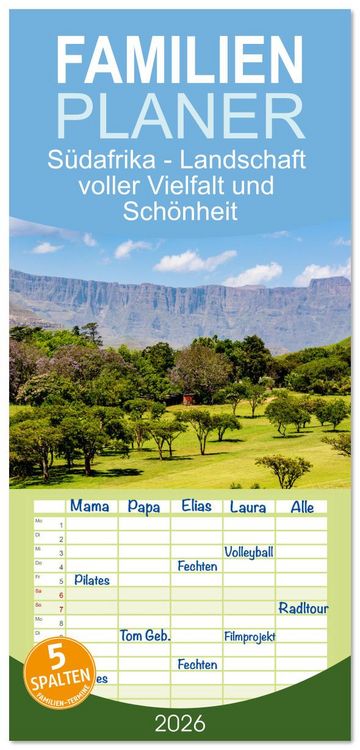 Produktbild: Familienplaner 2026 - S&uuml;dafrika - Landschaft voller Vielfalt und Sch&ouml;nheit mit 5 Spalten (Wandkalender, 21 x 45 cm) CALVENDO