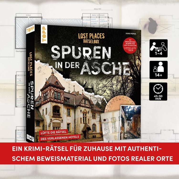 Produktbild: Lost Places R&auml;tselbox &ndash; Spuren in der Asche: Ein Krimi-R&auml;tsel f&uuml;r Zuhause. L&uuml;fte die R&auml;tsel des verlassenen Hotels