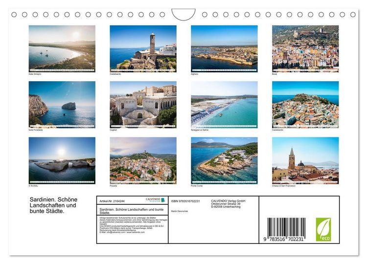Produktbild: Sardinien. Sch&ouml;ne Landschaften und bunte St&auml;dte. (Wandkalender 2026 DIN A4 quer), CALVENDO Monatskalender