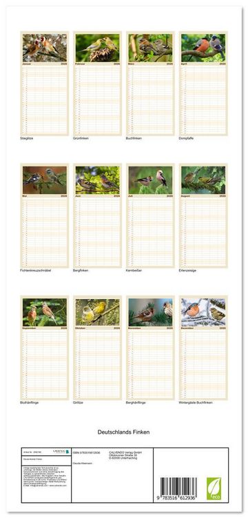 Produktbild: Familienplaner 2026 - Deutschlands Finken mit 5 Spalten (Wandkalender, 21 x 45 cm) CALVENDO