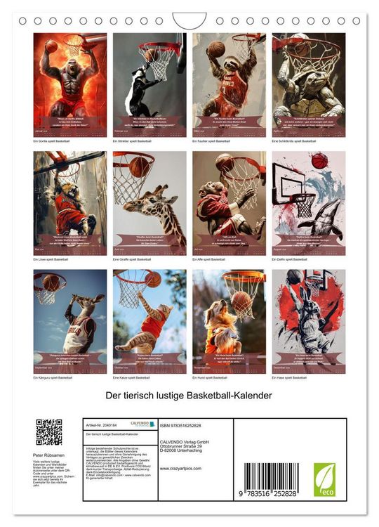 Produktbild: Der tierisch lustige Basketball-Kalender (Wandkalender 2026 DIN A4 hoch), CALVENDO Monatskalender